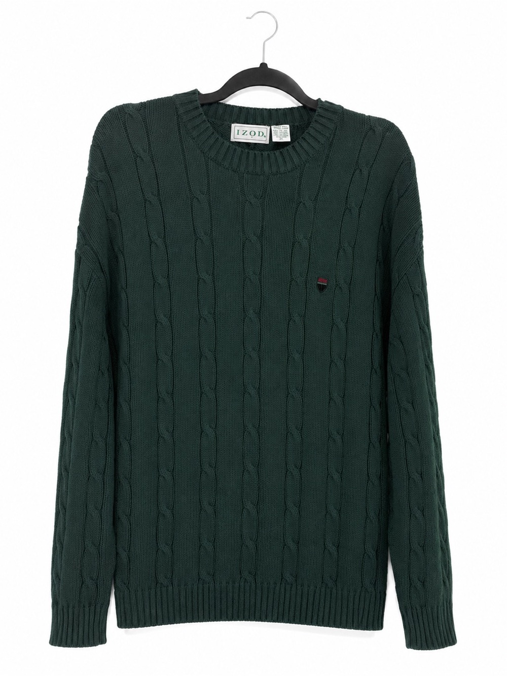 IZOD Men's Dark Green Cable Knit Crewneck Sweater~ LT 1990’s Vintage 100%Cotton
